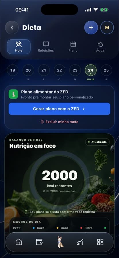 Tela real de Dieta do ZED: plano alimentar, kcal restantes e macros do dia