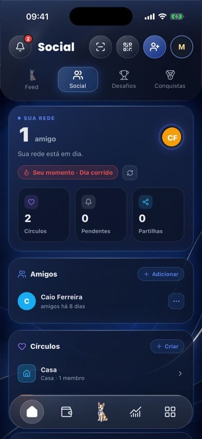 Tela real do hub Social do ZED: rede, amigos e círculos