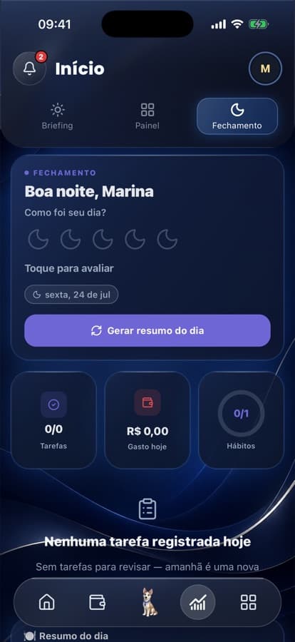 Tela real do fechamento do dia no ZED: avaliação, tarefas, gastos e hábitos