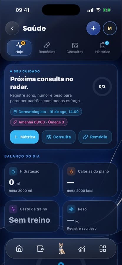 Tela real de Saúde do ZED: consultas no radar e balanço do dia