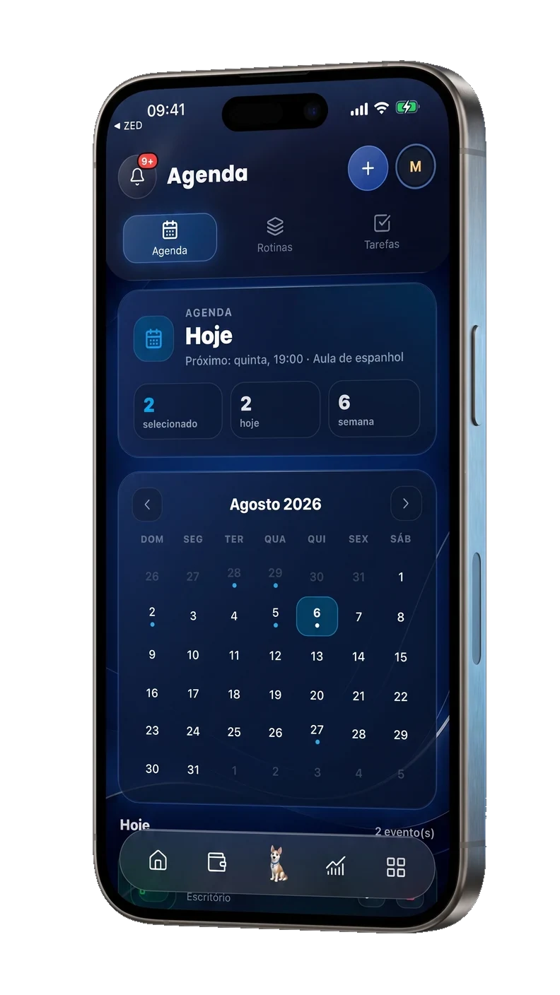 Tela de Agenda do ZED: o calendário do mês e os compromissos de hoje