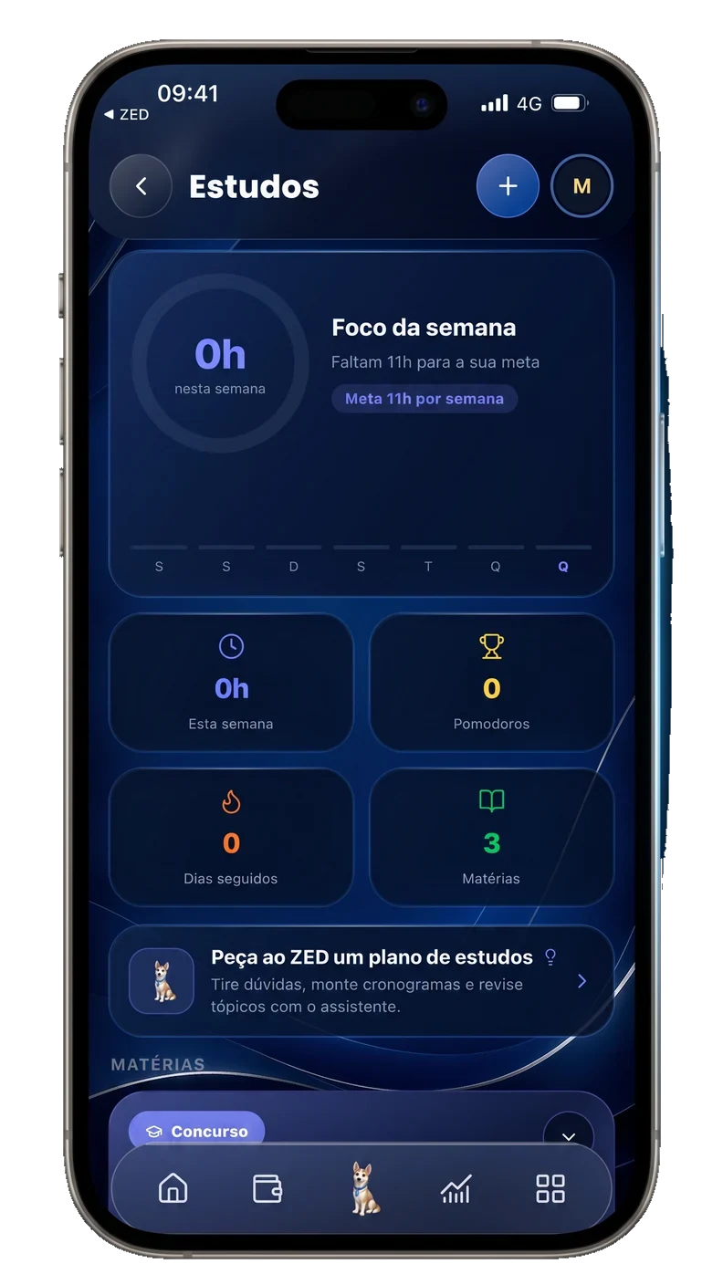 Tela de Estudos do ZED: foco da semana, pomodoros e matérias