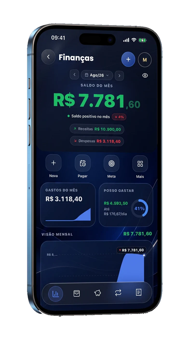 O ZED aberto na tela de Finanças, com o saldo do mês e o gráfico de gastos
