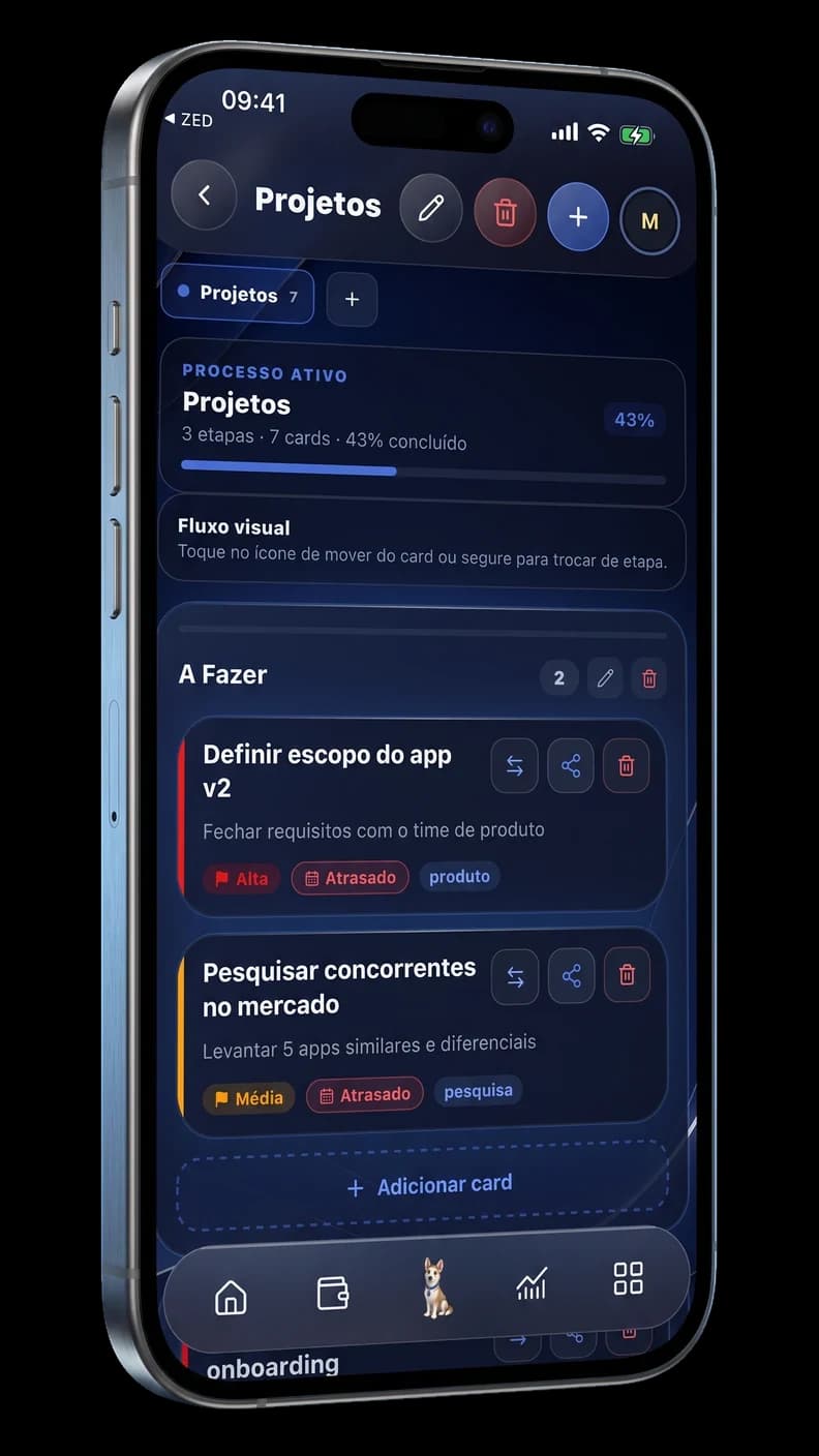 Quadro do Kanban do ZED: colunas A Fazer, cards com prioridade e etiqueta