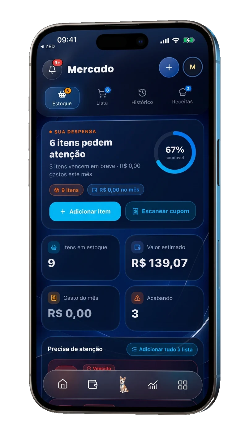 Tela de Mercado do ZED: itens que pedem atenção e o estoque da despensa