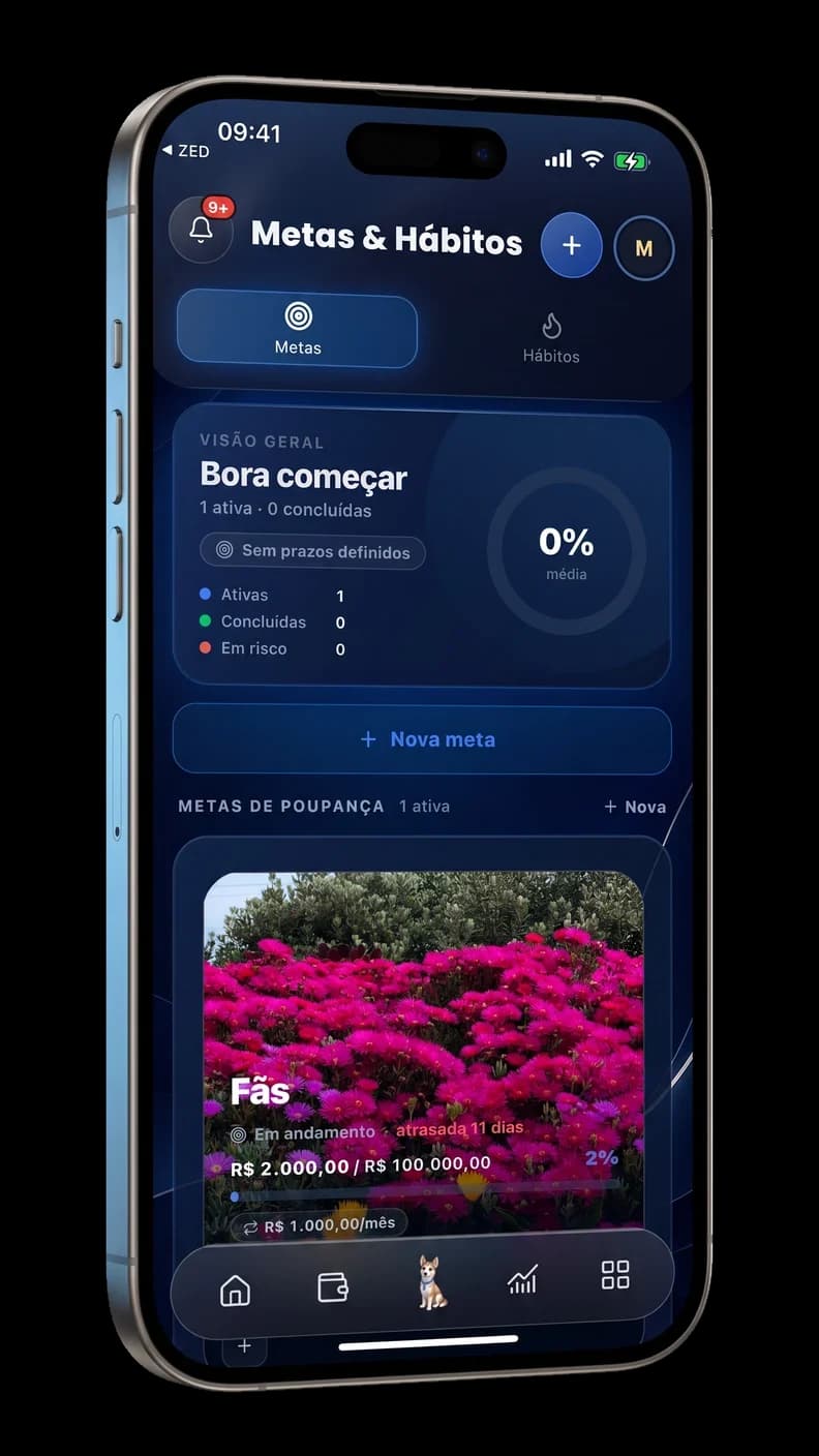 Tela de Metas do ZED: visão geral do progresso e metas de poupança