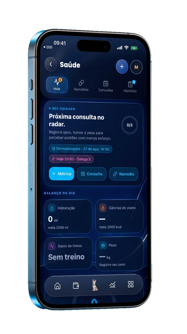 Tela de Saúde do ZED: próxima consulta, remédio do dia e o balanço