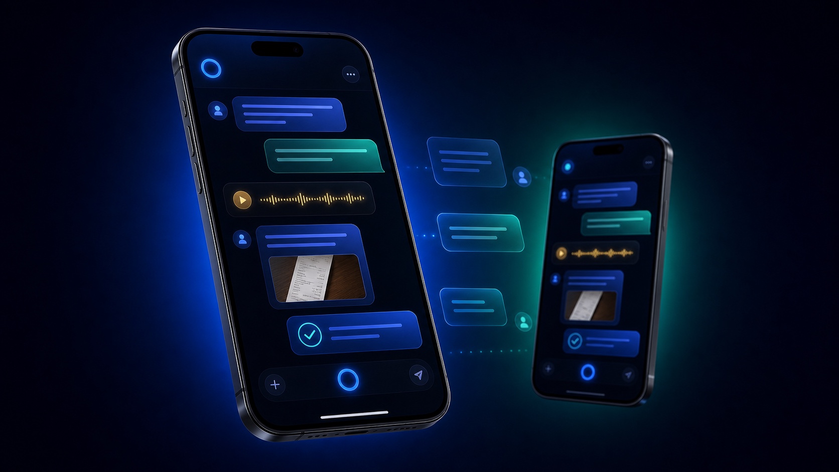 Mockup 3D de dois celulares sincronizando uma conversa com o ZED